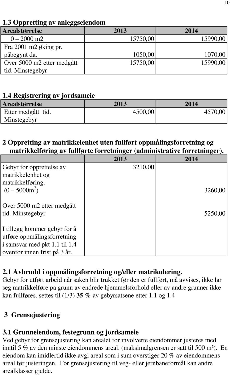 Minstegebyr 4500,00 4570,00 2 Oppretting av matrikkelenhet uten fullført oppmålingsforretning og matrikkelføring av fullførte forretninger (administrative forretninger).