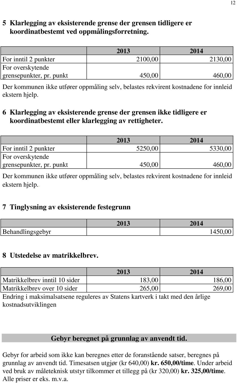 6 Klarlegging av eksisterende grense der grensen ikke tidligere er koordinatbestemt eller klarlegging av rettigheter. 2013 2014 For inntil 2 punkter 5250,00 5330,00 For overskytende grensepunkter, pr.