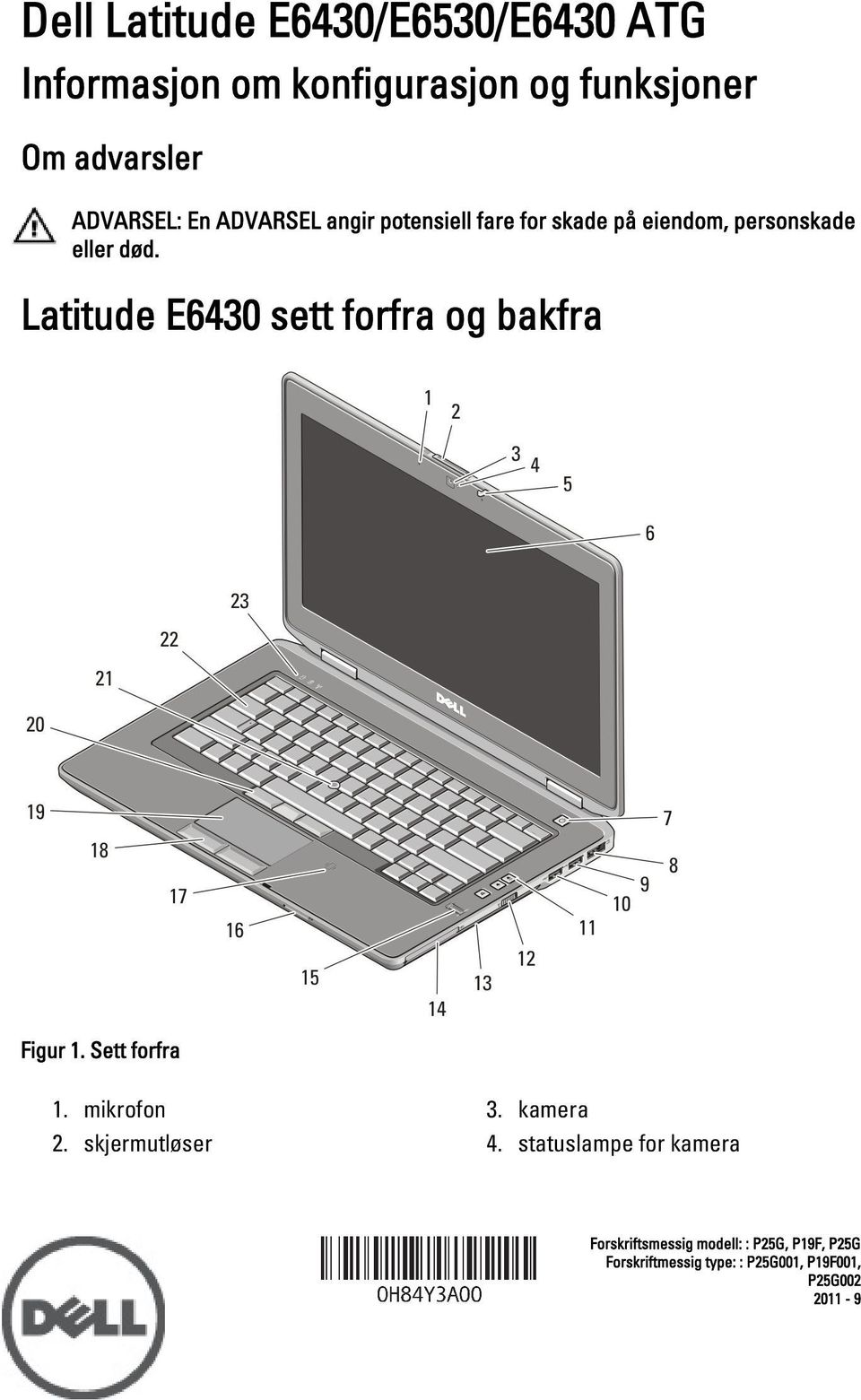 Latitude E6430 sett forfra og bakfra Figur 1. Sett forfra 1. mikrofon 2. skjermutløser 3. kamera 4.