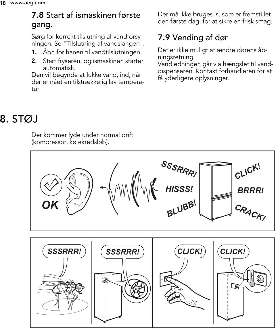 Der må ikke bruges is, som er fremstillet den første dag, for at sikre en frisk smag. 7.9 Vending af dør Det er ikke muligt at ændre dørens åbningsretning.