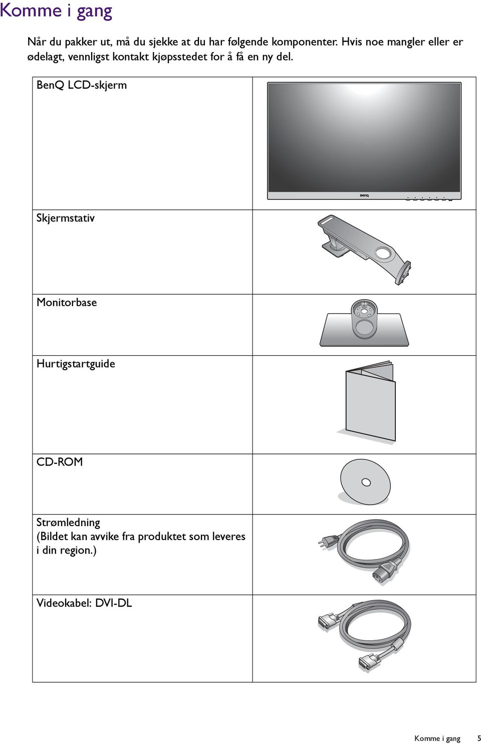 del. BenQ LCD-skjerm Skjermstativ Monitorbase Hurtigstartguide CD-ROM Strømledning