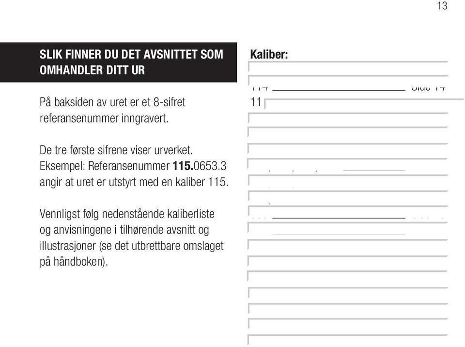 Vennligst følg nedenstående kaliberliste og anvisningene i tilhørende avsnitt og illustrasjoner (se det utbrettbare omslaget på håndboken).