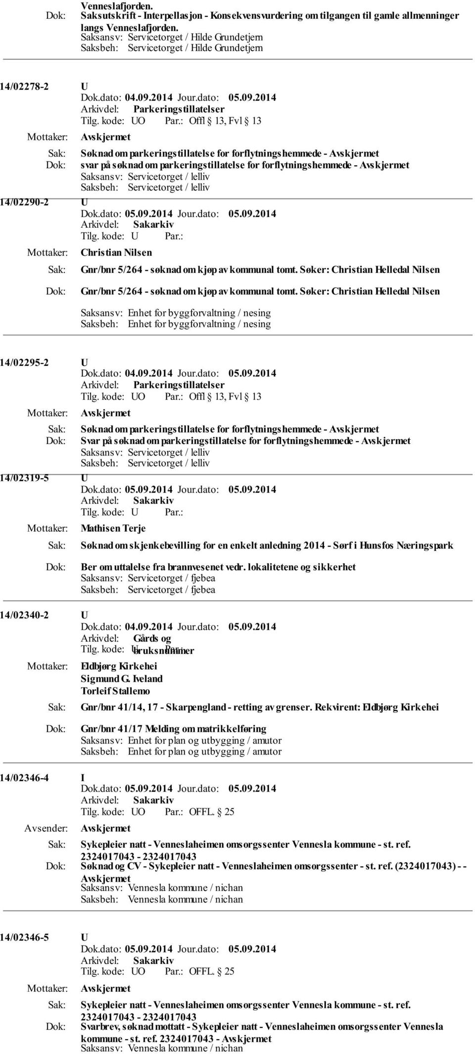 søknad om parkeringstillatelse for forflytningshemmede - Saksansv: Servicetorget / lelliv Saksbeh: Servicetorget / lelliv 14/02290-2 Christian Nilsen Gnr/bnr 5/264 - søknad om kjøp av kommunal tomt.