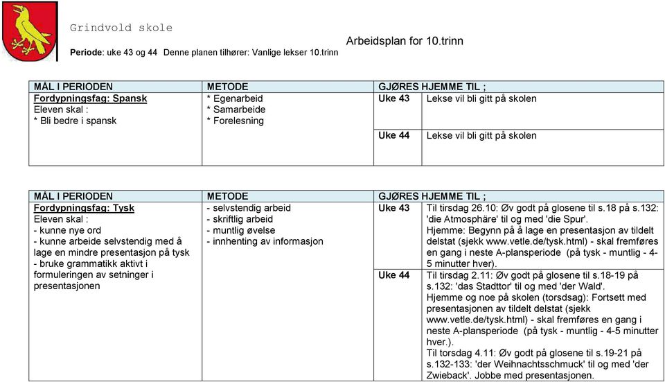 aktivt i formuleringen av setninger i presentasjonen Til tirsdag 26.10: Øv godt på glosene til s.18 på s.132: 'die Atmosphäre' til og med 'die Spur'.