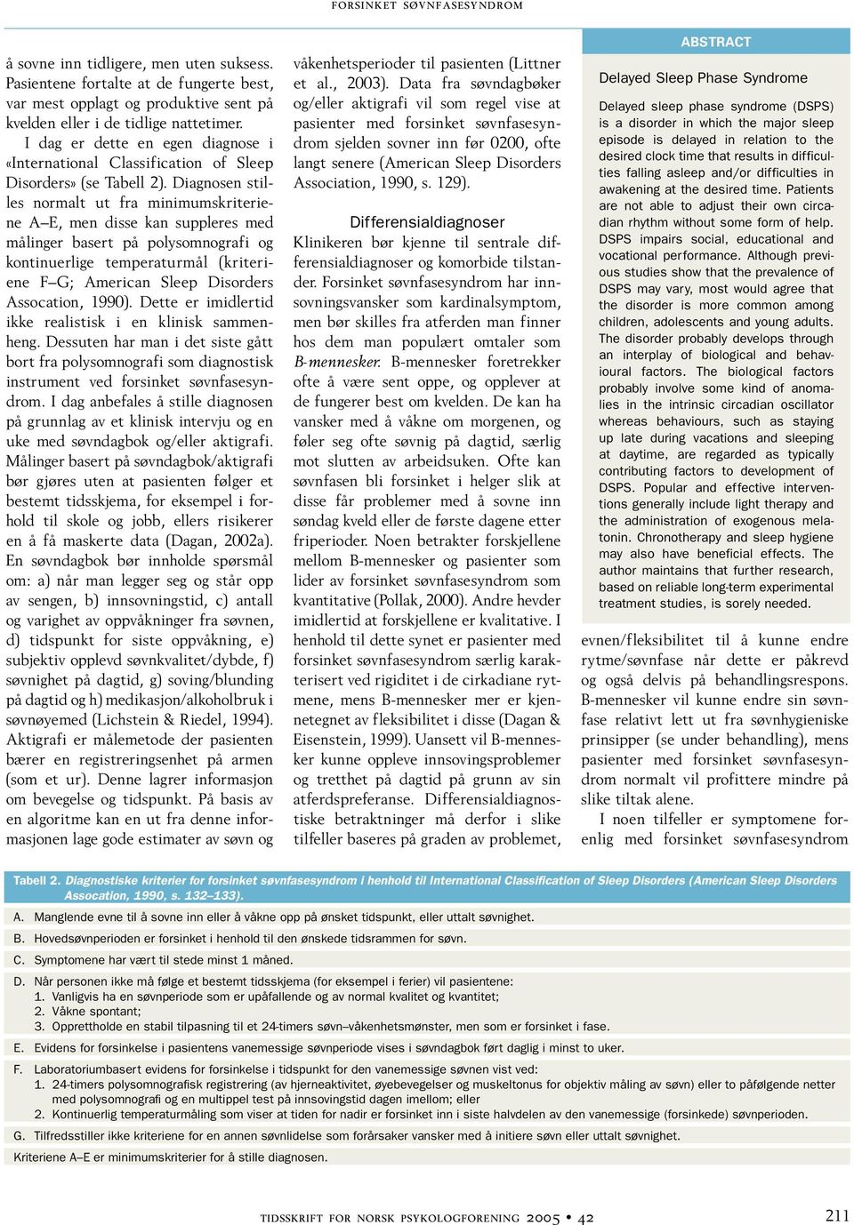 Diagnosen stilles normalt ut fra minimumskriteriene A E, men disse kan suppleres med målinger basert på polysomnografi og kontinuerlige temperaturmål (kriteriene F G; American Sleep Disorders