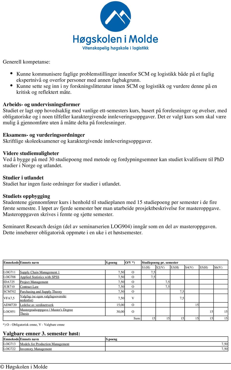 Arbeids- og undervisningsformer Studiet er lagt opp hovedsaklig med vanlige ett-semesters kurs, basert på forelesninger og øvelser, med obligatoriske og i noen tilfeller karaktergivende