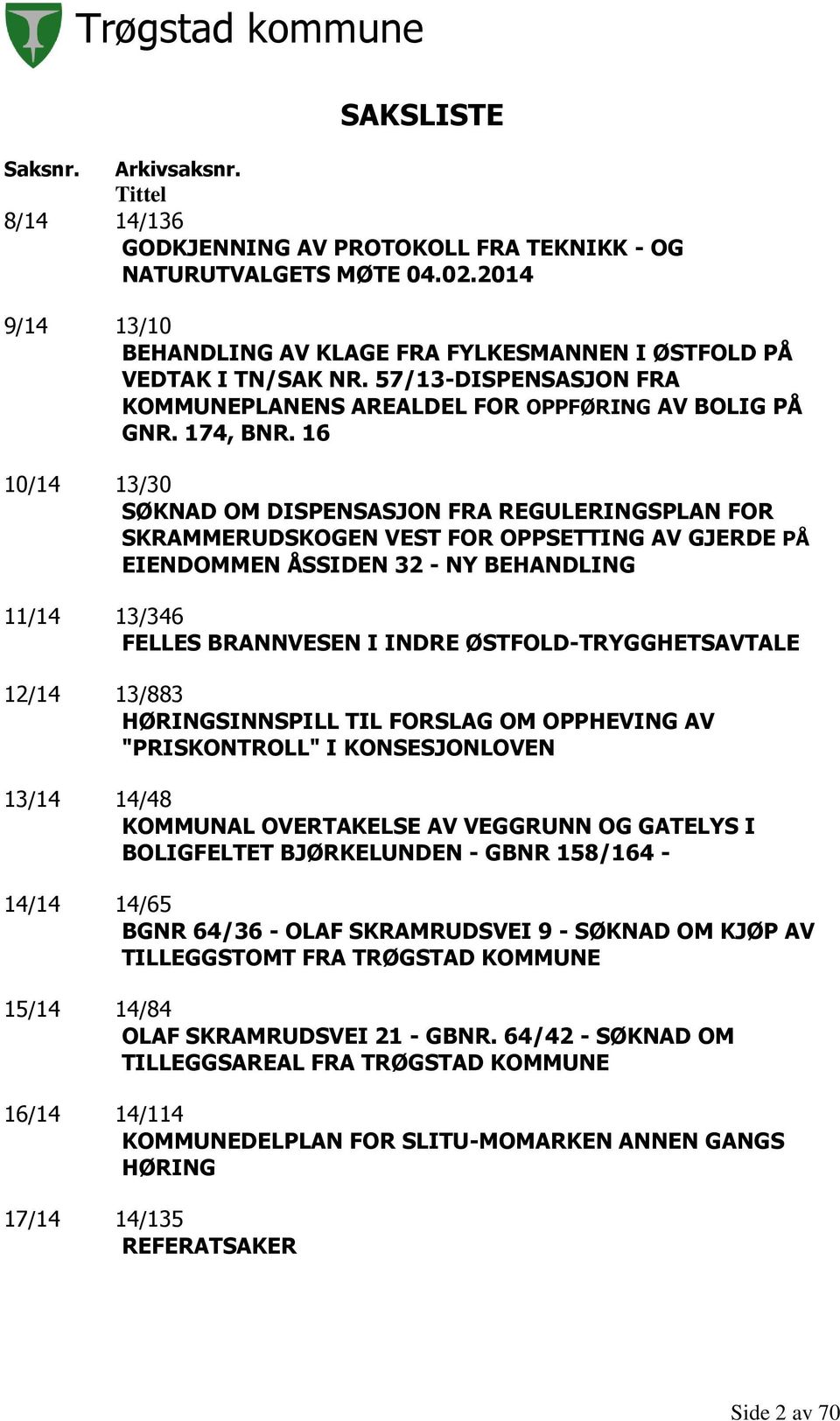 16 10/14 13/30 SØKNAD OM DISPENSASJON FRA REGULERINGSPLAN FOR SKRAMMERUDSKOGEN VEST FOR OPPSETTING AV GJERDE PÅ EIENDOMMEN ÅSSIDEN 32 - NY BEHANDLING 11/14 13/346 FELLES BRANNVESEN I INDRE