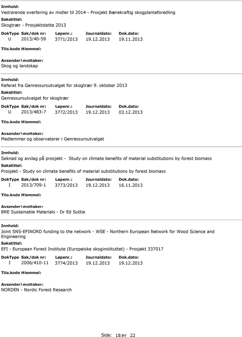 2013 Medlemmer og observatører i Genressursutvalget Søknad og avslag på prosjekt - Study on climate benefits of material substitutions by forest biomass Prosjekt - Study on climate benefits of