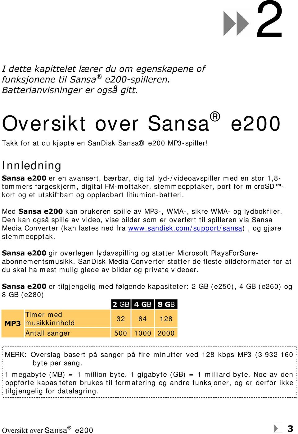 oppladbart litiumion-batteri. Med Sansa e200 kan brukeren spille av MP3-, WMA-, sikre WMA- og lydbokfiler.