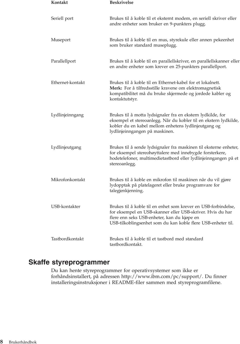 Parallellport Brukes til å koble til en parallellskriver, en parallellskanner eller en andre enheter som krever en 25-punkters parallellport.