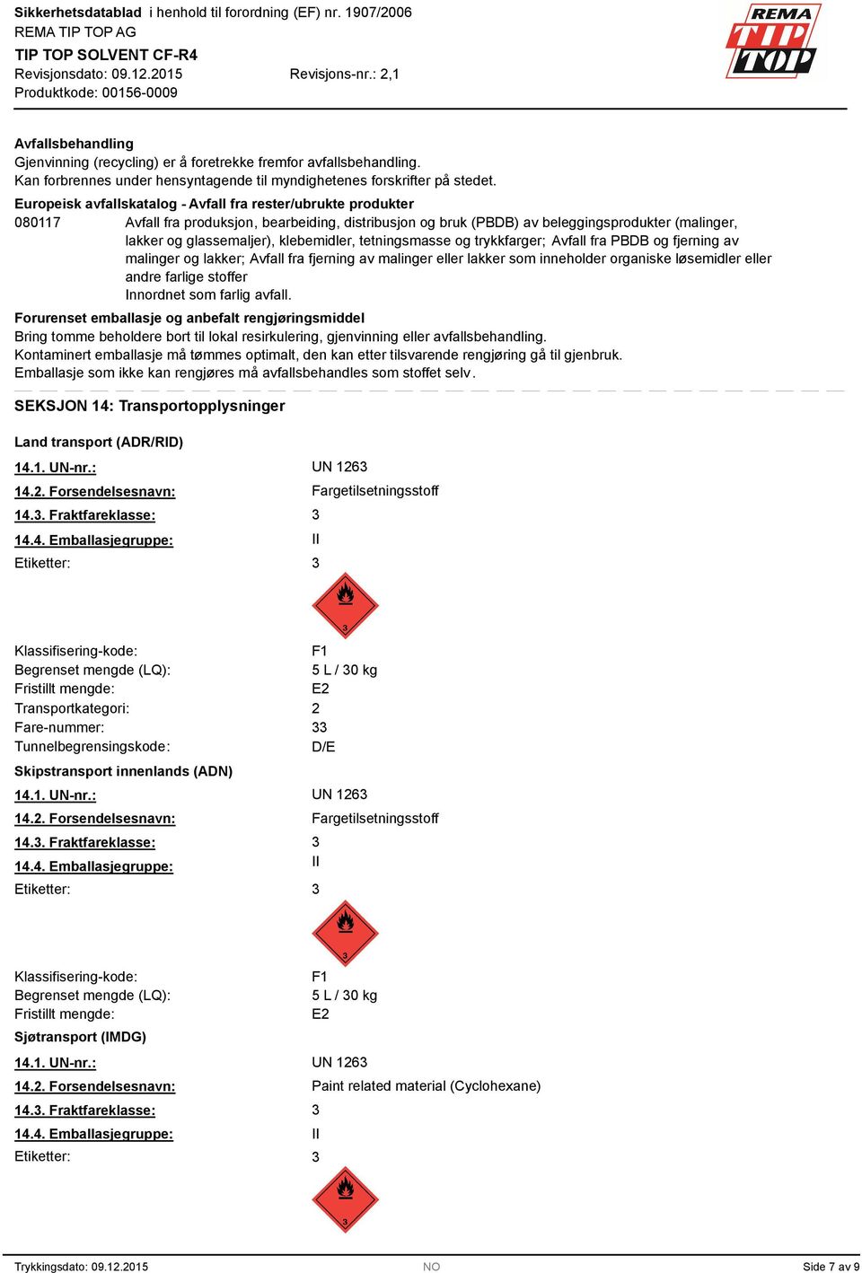 klebemidler, tetningsmasse og trykkfarger; Avfall fra PBDB og fjerning av malinger og lakker; Avfall fra fjerning av malinger eller lakker som inneholder organiske løsemidler eller andre farlige