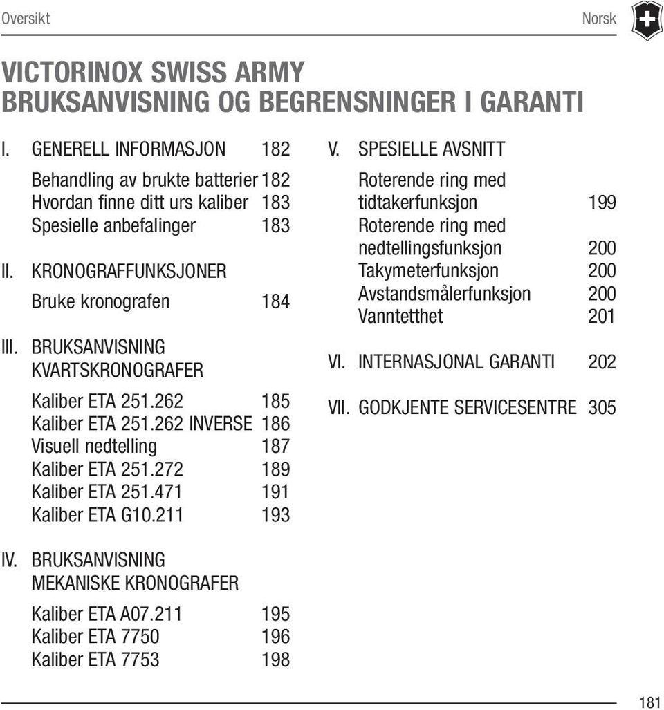 262 185 Kaliber ETA 251.262 INVERSE 186 Visuell nedtelling 187 Kaliber ETA 251.272 189 Kaliber ETA 251.471 191 Kaliber ETA G10.211 193 V.