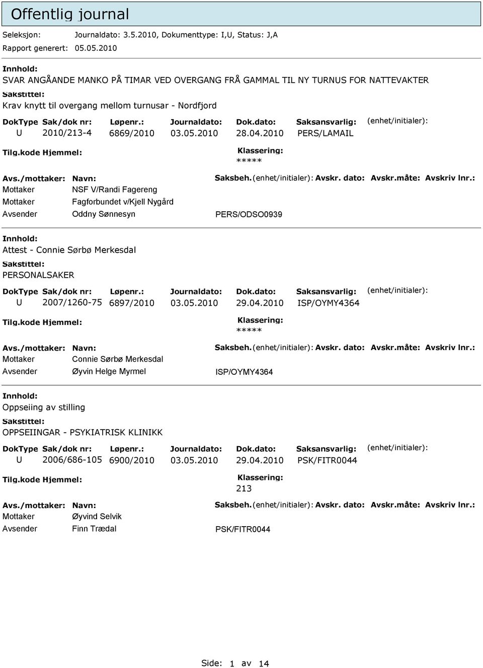 2010 PERS/LAMAL Mottaker NSF V/Randi Fagereng Mottaker Fagforbundet v/kjell Nygård Oddny Sønnesyn PERS/ODSO0939 Attest - Connie Sørbø Merkesdal PERSONALSAKER 2007/1260-75