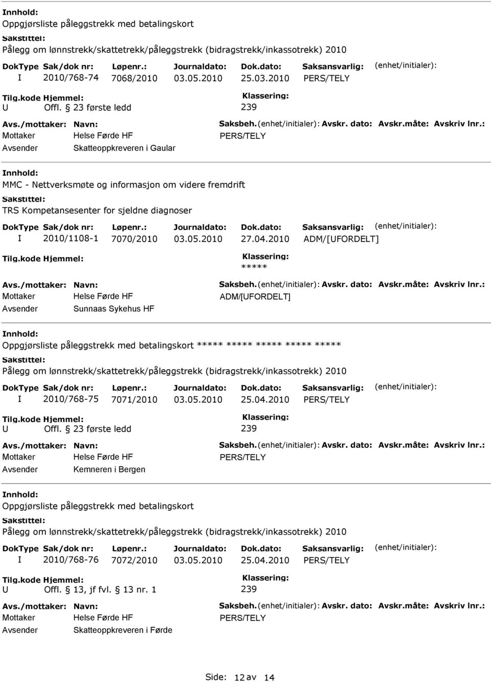 2010 ADM/[FORDELT] ADM/[FORDELT] Sunnaas Sykehus HF Oppgjørsliste påleggstrekk med betalingskort Pålegg om lønnstrekk/skattetrekk/påleggstrekk (bidragstrekk/inkassotrekk) 2010 2010/768-75