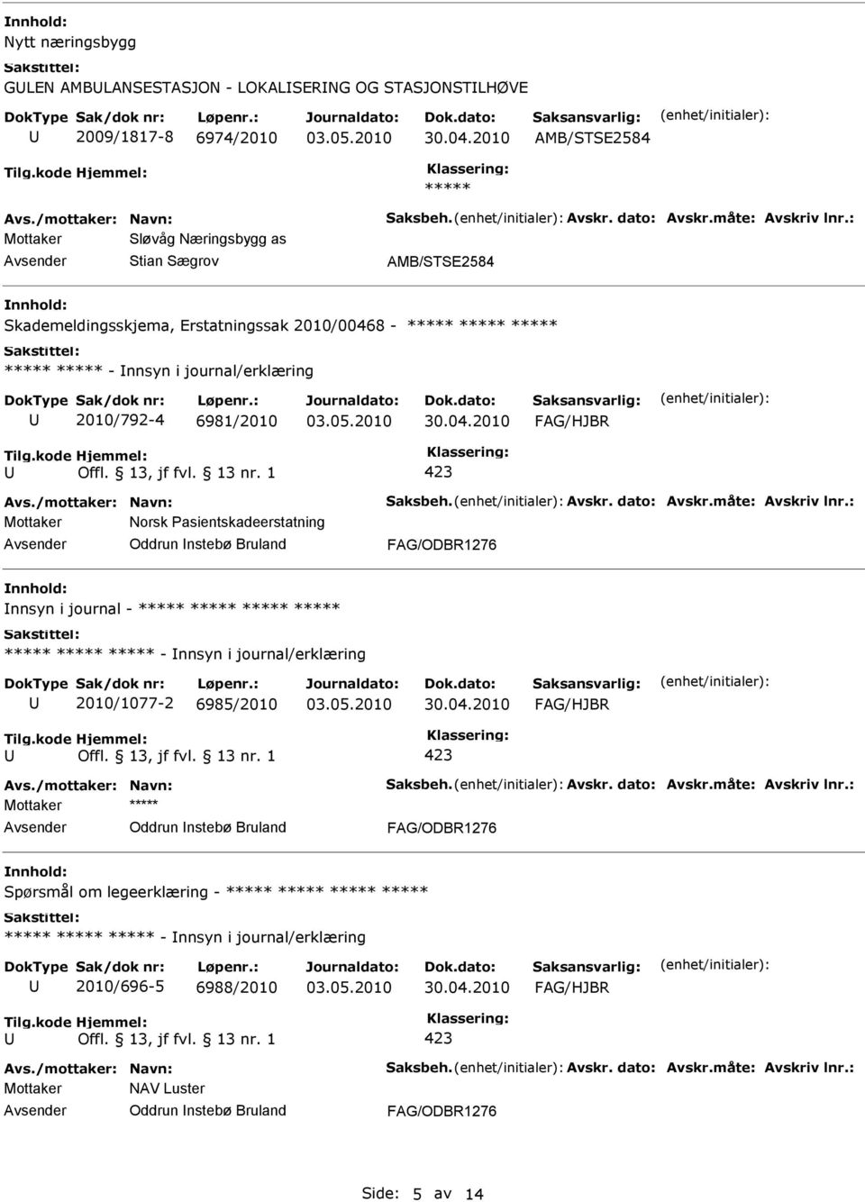 Norsk Pasientskadeerstatning Oddrun nstebø Bruland nnsyn i journal - - nnsyn i journal/erklæring 2010/1077-2 6985/2010 Mottaker Oddrun