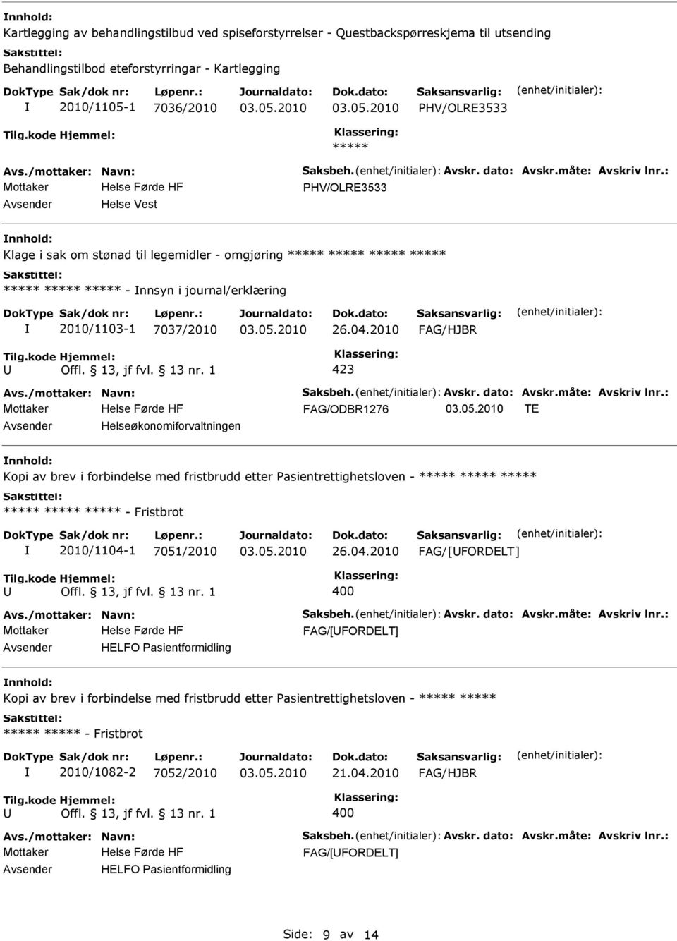 2010 TE Helseøkonomiforvaltningen Kopi av brev i forbindelse med fristbrudd etter Pasientrettighetsloven - - Fristbrot 2010/1104-