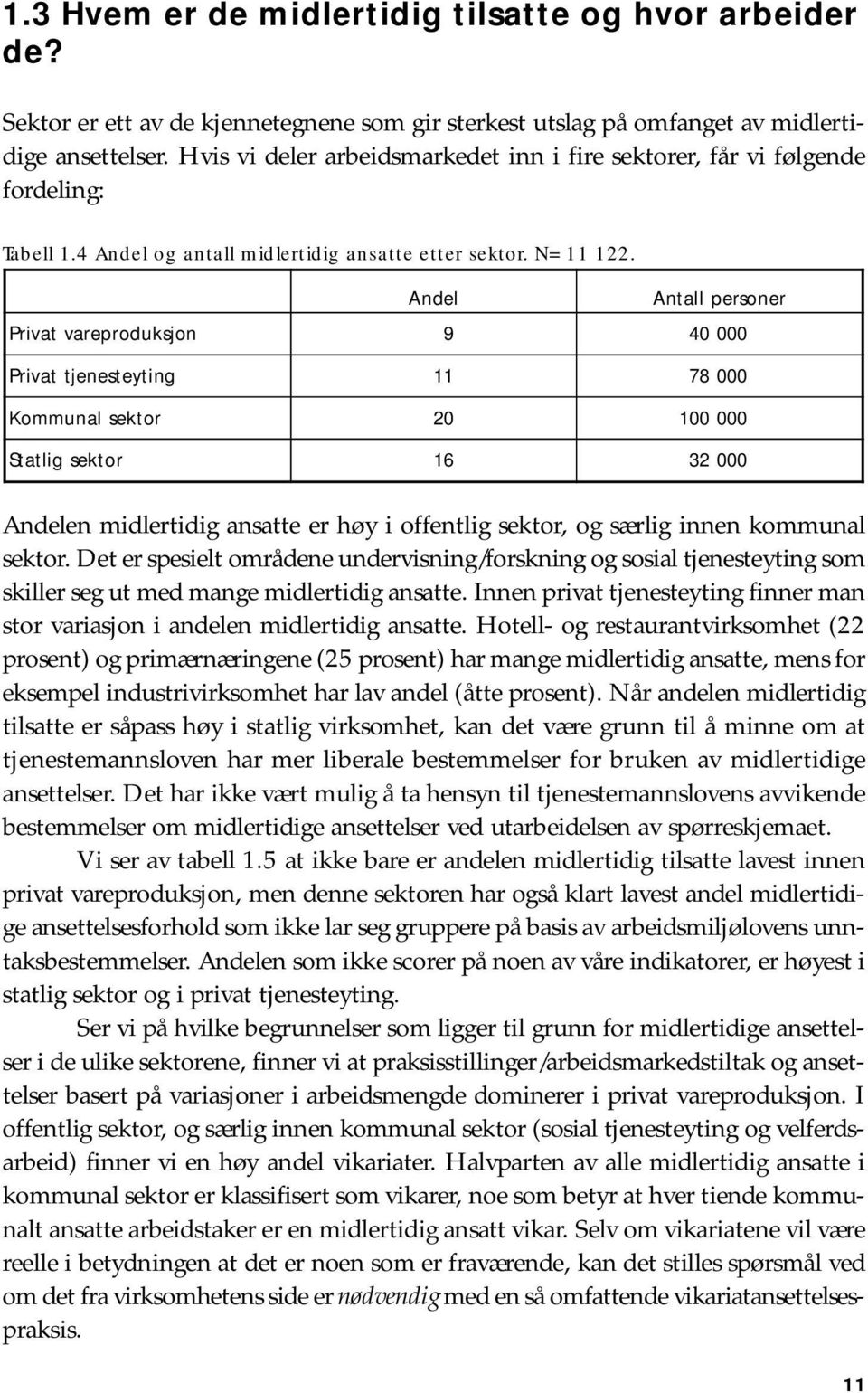 Andel Antall personer Privat vareproduksjon 9 40 000 Privat tjenesteyting 11 78 000 Kommunal sektor 20 100 000 Statlig sektor 16 32 000 Andelen midlertidig ansatte er høy i offentlig sektor, og