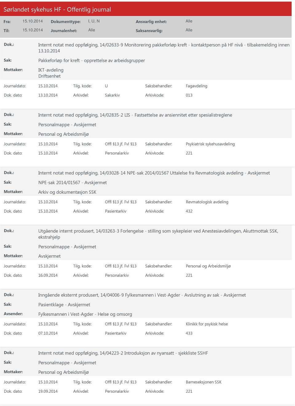 2014 Arkivdel: Sakarkiv Arkivkode: 013 Internt notat med oppfølging, 14/02835-2 LIS - Fastsettelse av ansiennitet etter spesialistreglene Personalmappe - Psykiatrisk sykehusavdeling Dok.