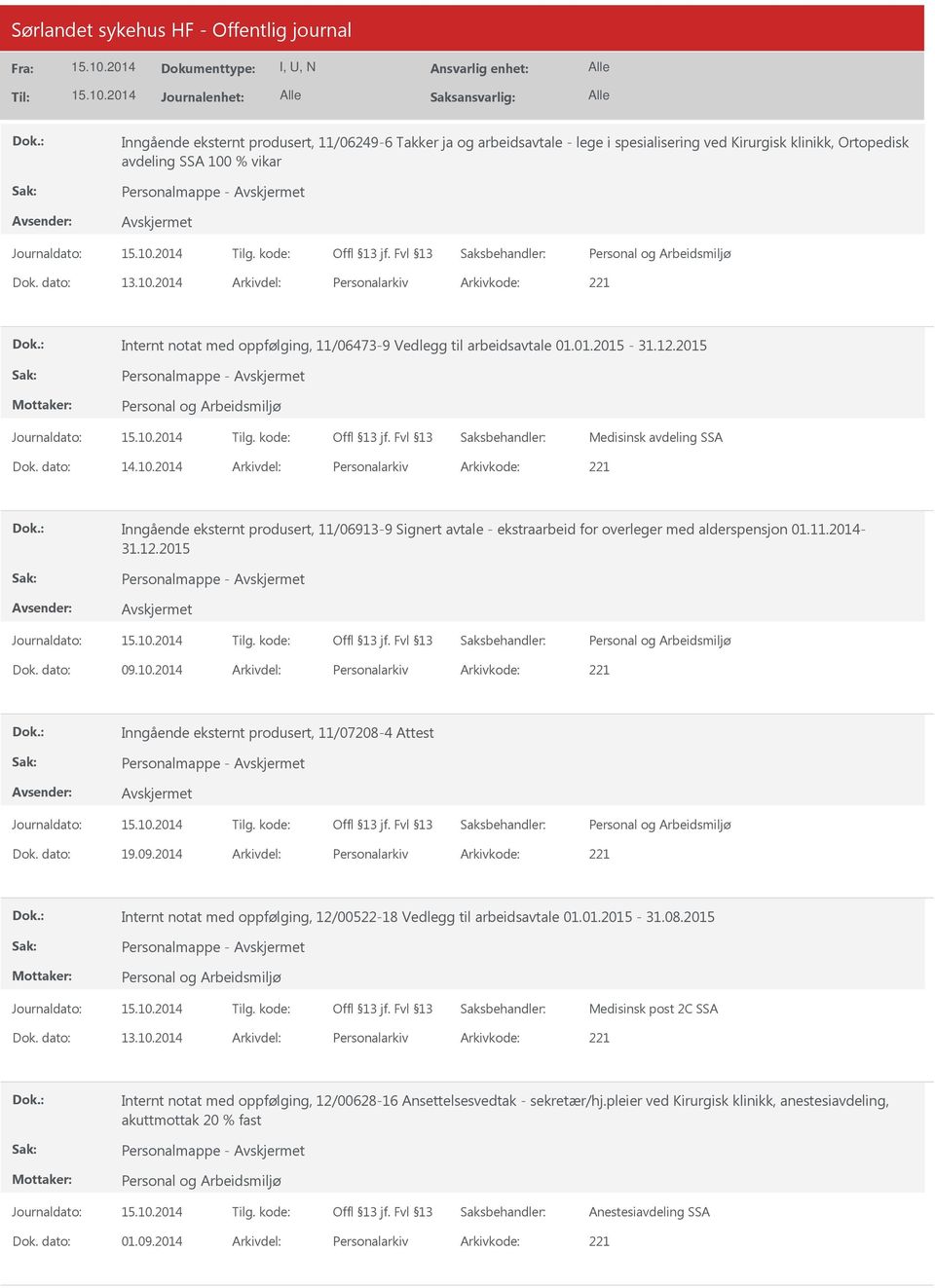 2015 Personalmappe - Medisinsk avdeling SSA Dok. dato: 14.10.