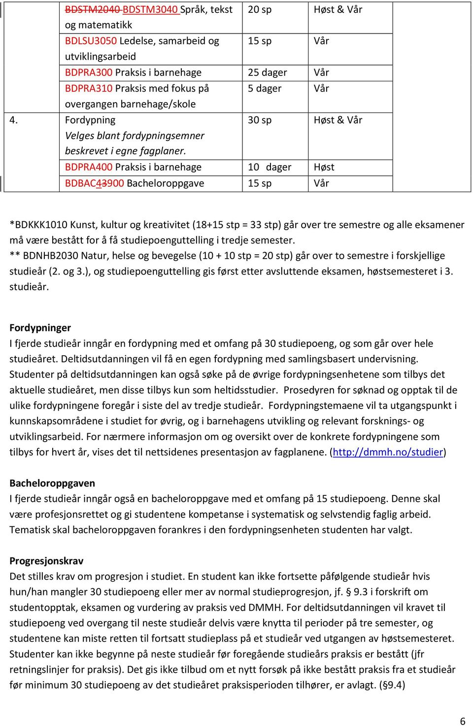 BDPRA400 Praksis i barnehage 10 dager Høst BDBAC43900 Bacheloroppgave 15 sp Vår *BDKKK1010 Kunst, kultur og kreativitet (18+15 stp = 33 stp) går over tre semestre og alle eksamener må være bestått