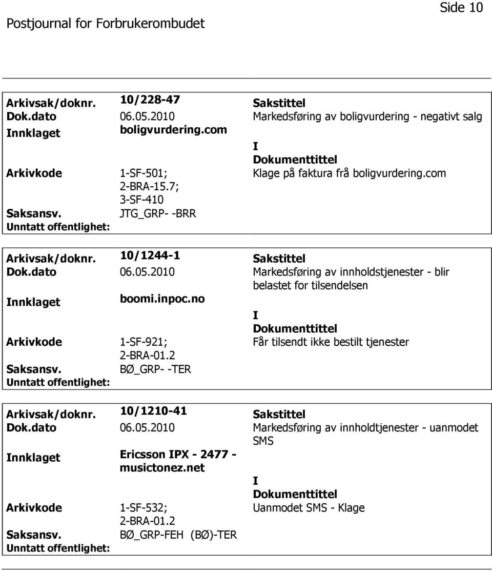 2010 Markedsføring av innholdstjenester - blir belastet for tilsendelsen nnklaget boomi.inpoc.no 1-SF-921; 2-BRA-01.