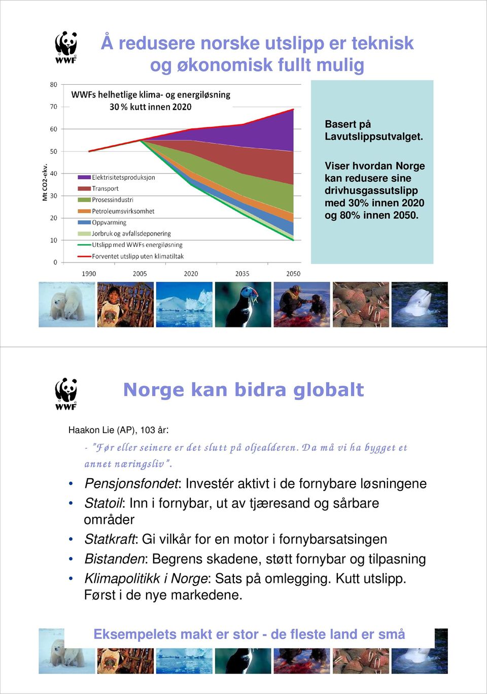 Norge kan bidra globalt Haakon Lie (AP), 103 år: - F ør eller seinere er det slutt på oljealderen. D a m å vi ha bygget et annet næringsliv.