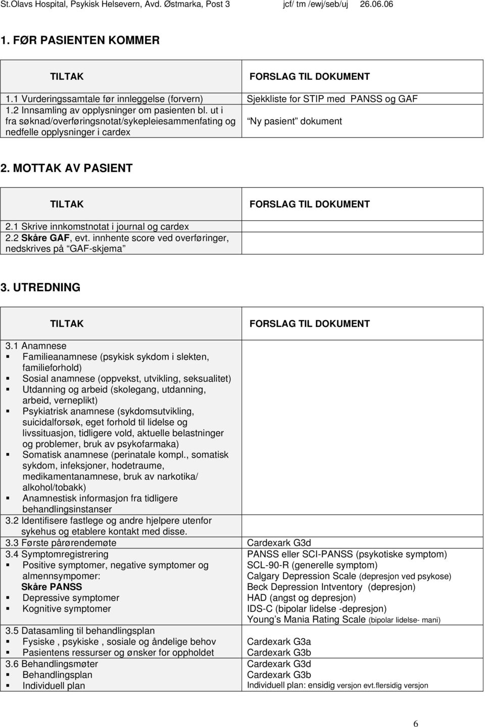 1 Skrive innkomstnotat i journal og cardex 2.2 Skåre GAF, evt. innhente score ved overføringer, nedskrives på GAF-skjema 3. UTREDNING TILTAK FORSLAG TIL DOKUMENT 3.