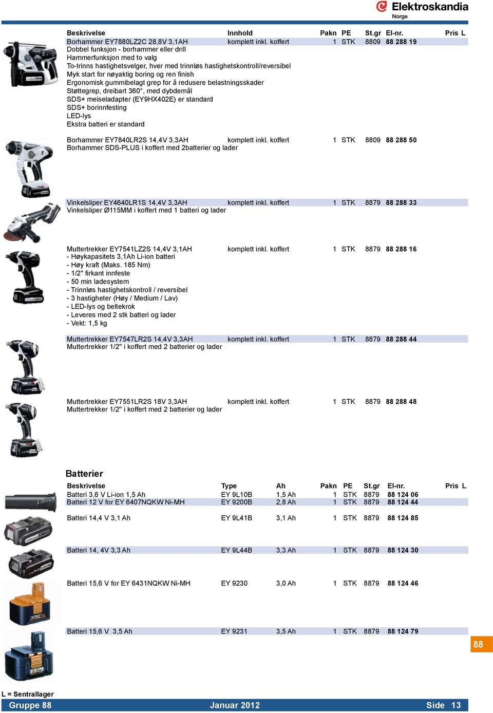 boring og ren finish Ergonomisk gummibelagt grep for å redusere belastningsskader Støttegrep, dreibart 360, med dybdemål SDS+ meiseladapter (EY9HX402E) er standard SDS+ borinnfesting LED-lys Ekstra