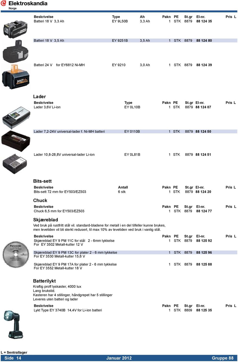 Beskrivelse Type Pakn PE St.gr El-nr. Pris L Lader 3,6V Li-ion EY 0L10B 1 STK 8879 88 124 07 Lader 7,2-24V universal-lader f.