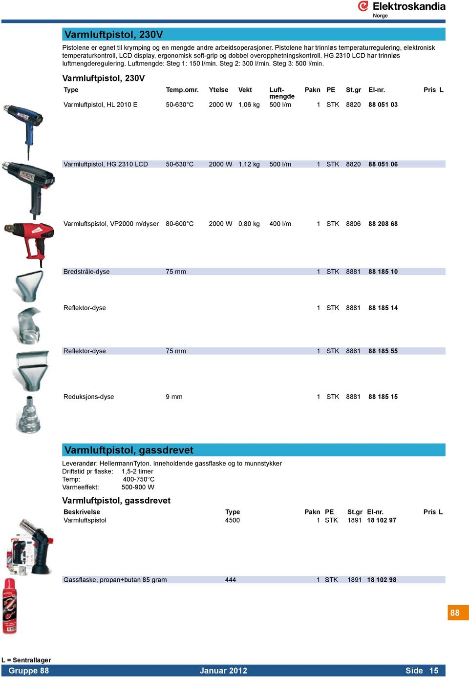 Luftmengde: Steg 1: 150 l/min. Steg 2: 300 l/min. Steg 3: 500 l/min. Varmluftpistol, 230V Type Temp.omr. Ytelse Vekt Luft- Pakn PE St.gr El-nr.