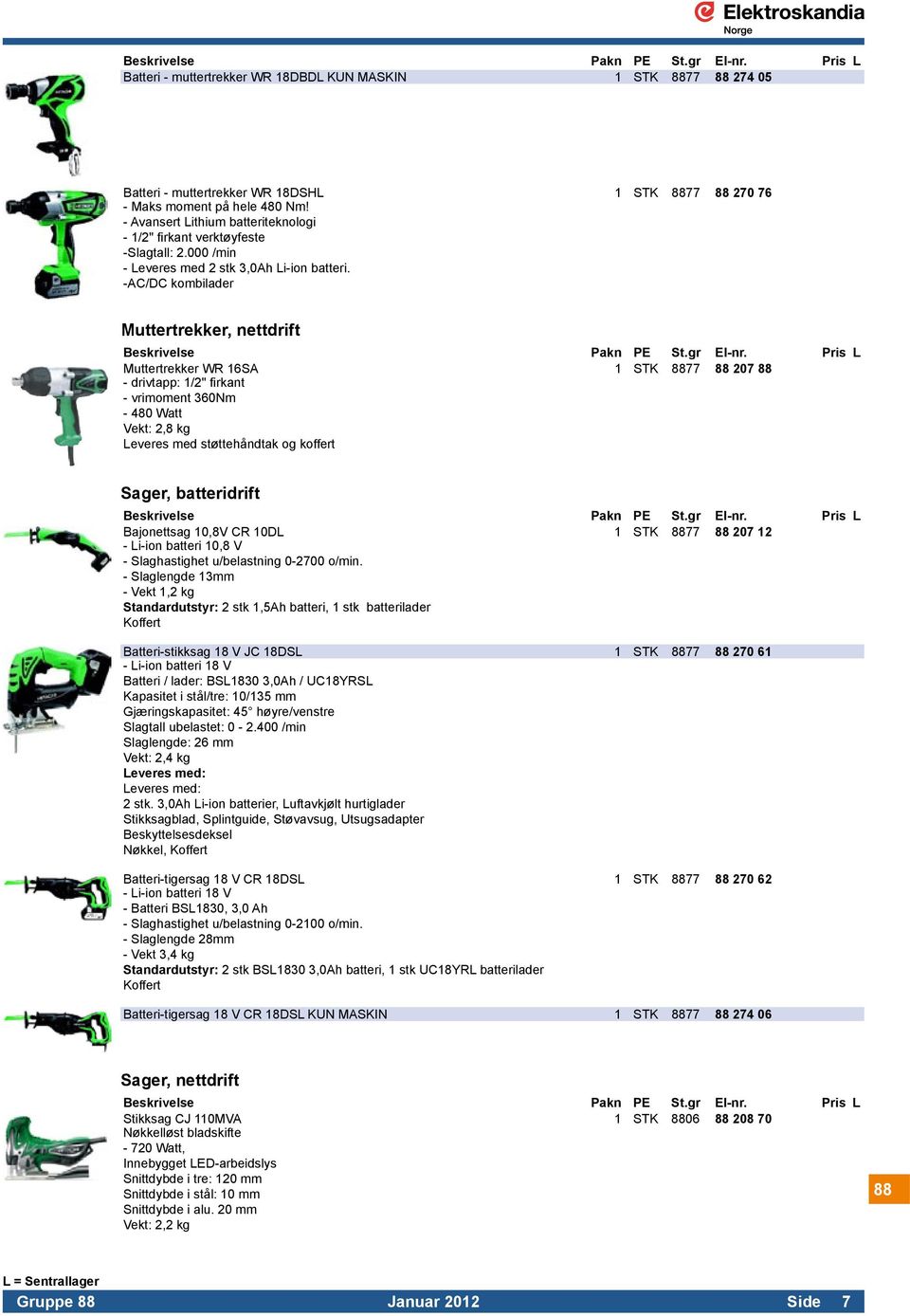 -AC/DC kombilader Muttertrekker, nettdrift Muttertrekker WR 16SA 1 STK 8877 88 207 88 - drivtapp: 1/2" firkant - vrimoment 360Nm - 480 Watt Vekt: 2,8 kg Leveres med støttehåndtak og koffert Sager,