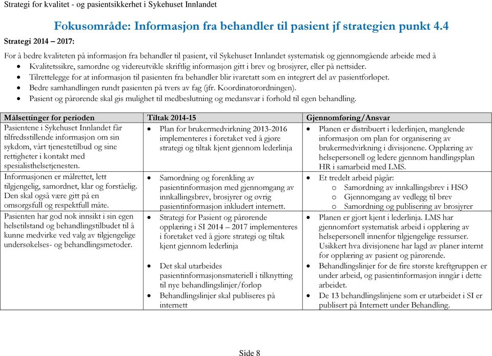 gitt i brev og brosjyrer, eller på nettsider. Tilrettelegge for at informasjon til pasienten fra behandler blir ivaretatt som en integrert del av pasientforløpet.