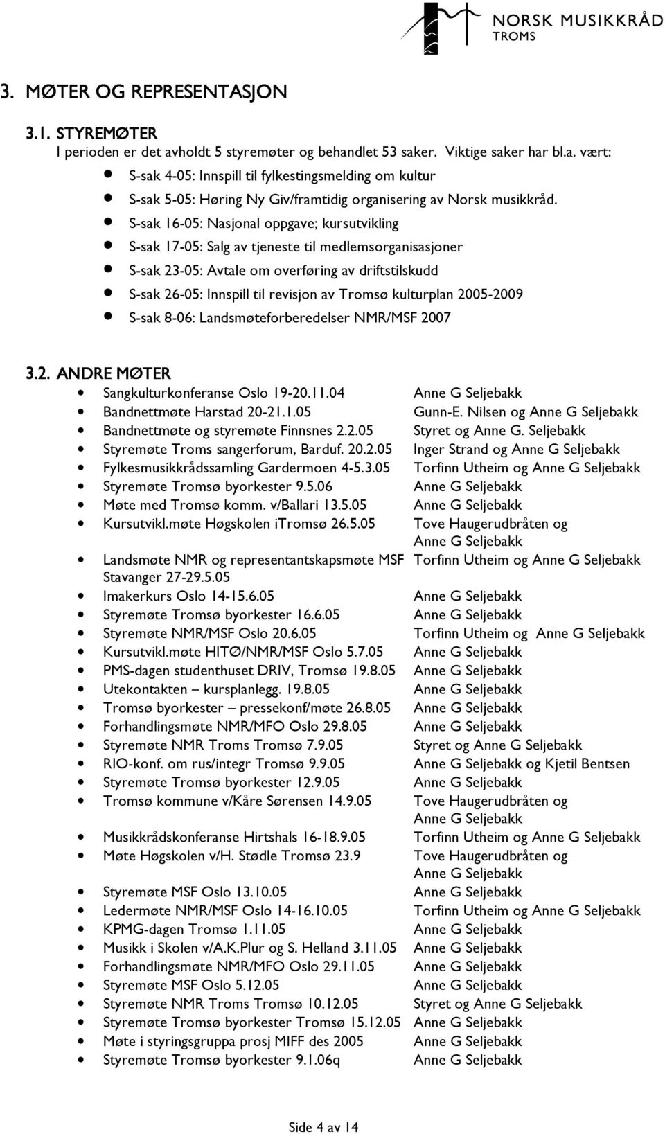 kulturplan 2005-2009 S-sak 8-06: Landsmøteforberedelser NMR/MSF 2007 3.2. ANDRE MØTER Sangkulturkonferanse Oslo 19-20.11.04 Anne G Seljebakk Bandnettmøte Harstad 20-21.1.05 Gunn-E.