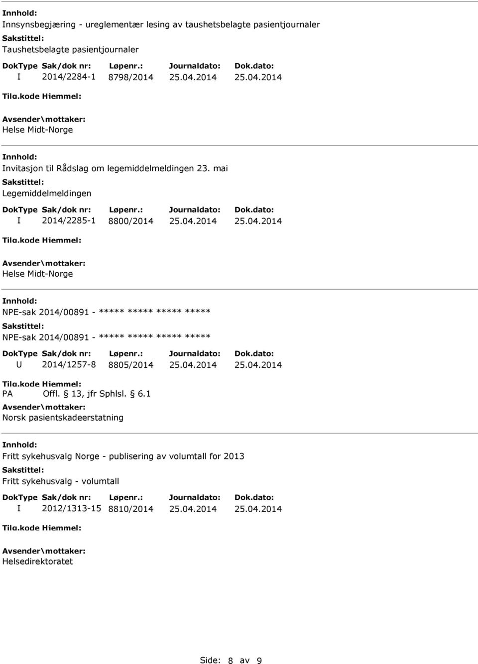 mai Legemiddelmeldingen 2014/2285-1 8800/2014 Helse Midt-Norge NPE-sak 2014/00891 - NPE-sak 2014/00891-2014/1257-8