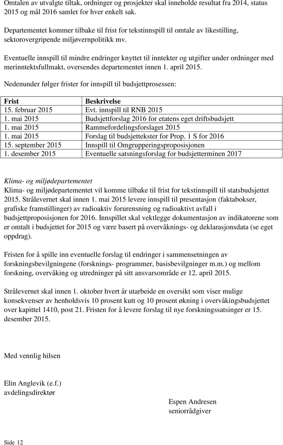 Eventuelle innspill til mindre endringer knyttet til inntekter og utgifter under ordninger med merinntektsfullmakt, oversendes departementet innen 1. april 2015.