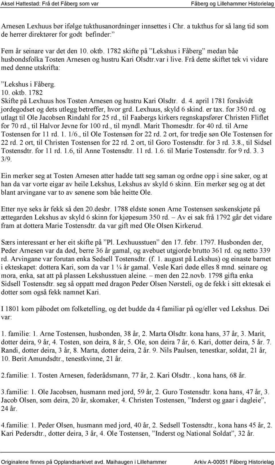 1782 Skifte på Lexhuus hos Tosten Arnesen og hustru Kari Olsdtr. d. 4. april 1781 forsåvidt jordegodset og dets utlegg betreffer, hvor grd. Lexhuus, skyld 6 skind. er tax. for 350 rd.