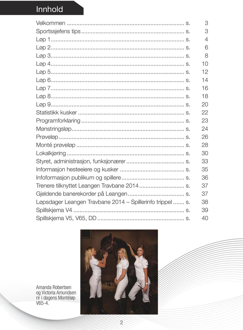 .. s. 35 Infoformasjon publikum og spillere... s. 36 Trenere tilknyttet Leangen Travbane 2014... s. 37 Gjeldende banerekorder på Leangen... s. 37 Løpsdager Leangen Travbane 2014 Spillerinfo trippel.