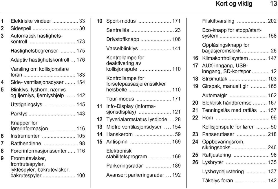 .. 105 7 Ratthendlene... 98 8 Førerinformasjonssenter... 116 9 Frontrutevisker, frontrutespyler, lyktespyler, bakrutevisker, bakrutespyler... 100 10 Sport-modus... 171 Sentrallås... 23 Drivstoffknapp.