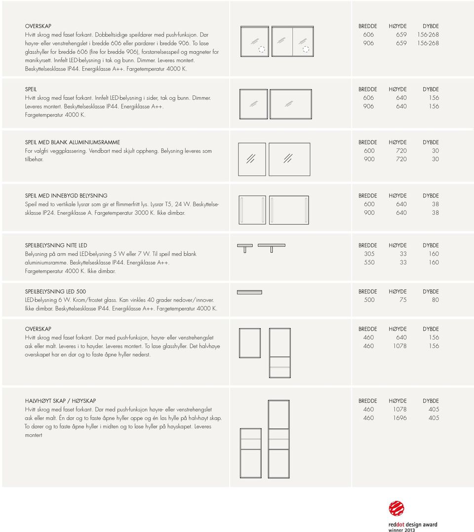 Energiklasse A++. Fargetemperatur 4000 K. 606 659 156-268 906 659 156-268 SPEIL Hvitt skrog med faset forkant. Innfelt LED-belysning i sider, tak og bunn. Dimmer. Leveres montert.