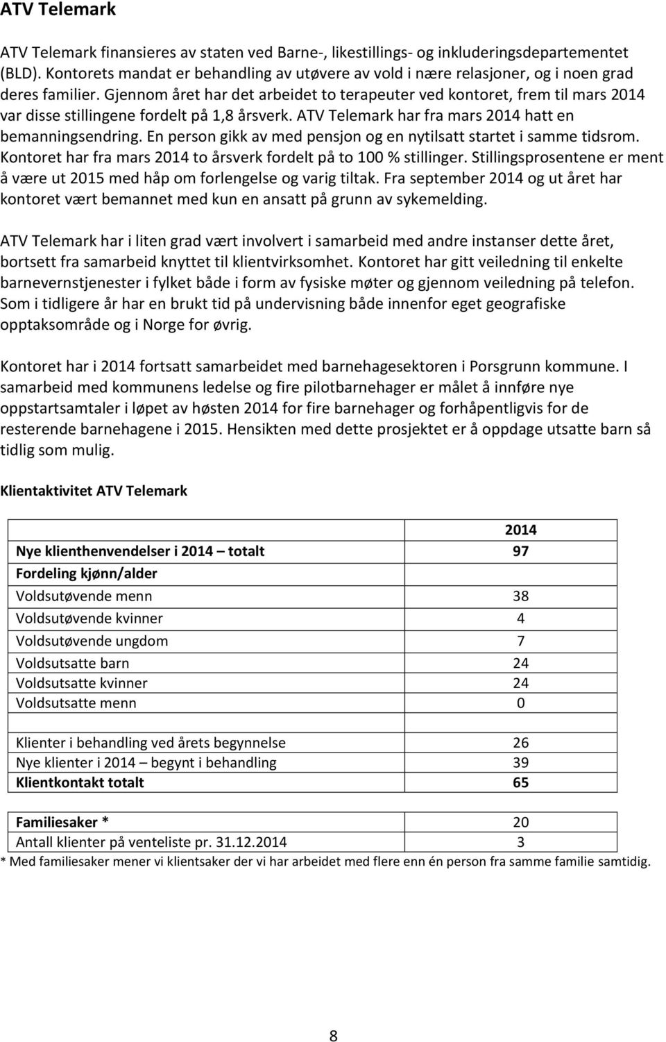 Gjennom året har det arbeidet to terapeuter ved kontoret, frem til mars 2014 var disse stillingene fordelt på 1,8 årsverk. ATV Telemark har fra mars 2014 hatt en bemanningsendring.