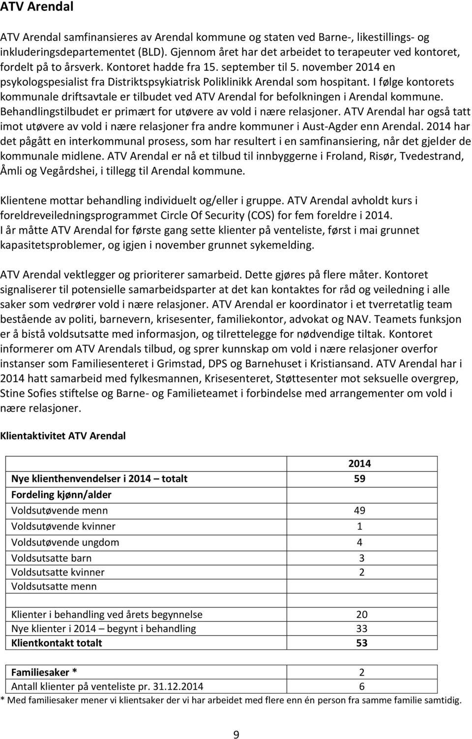 november 2014 en psykologspesialist fra Distriktspsykiatrisk Poliklinikk Arendal som hospitant. I følge kontorets kommunale driftsavtale er tilbudet ved ATV Arendal for befolkningen i Arendal kommune.