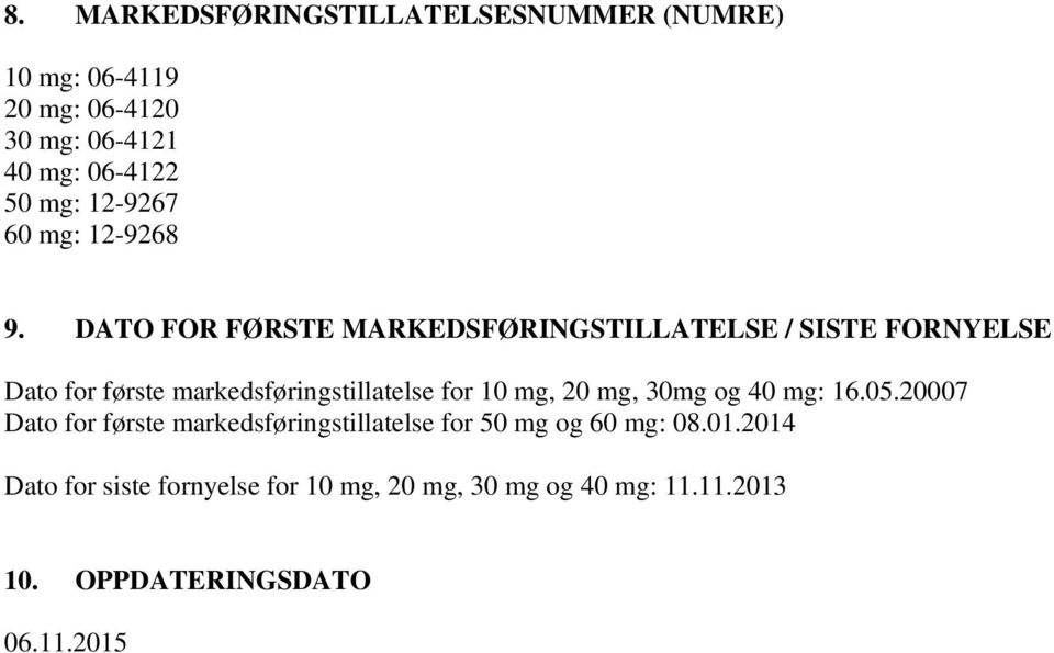 DATO FOR FØRSTE MARKEDSFØRINGSTILLATELSE / SISTE FORNYELSE Dato for første markedsføringstillatelse for 10 mg, 20