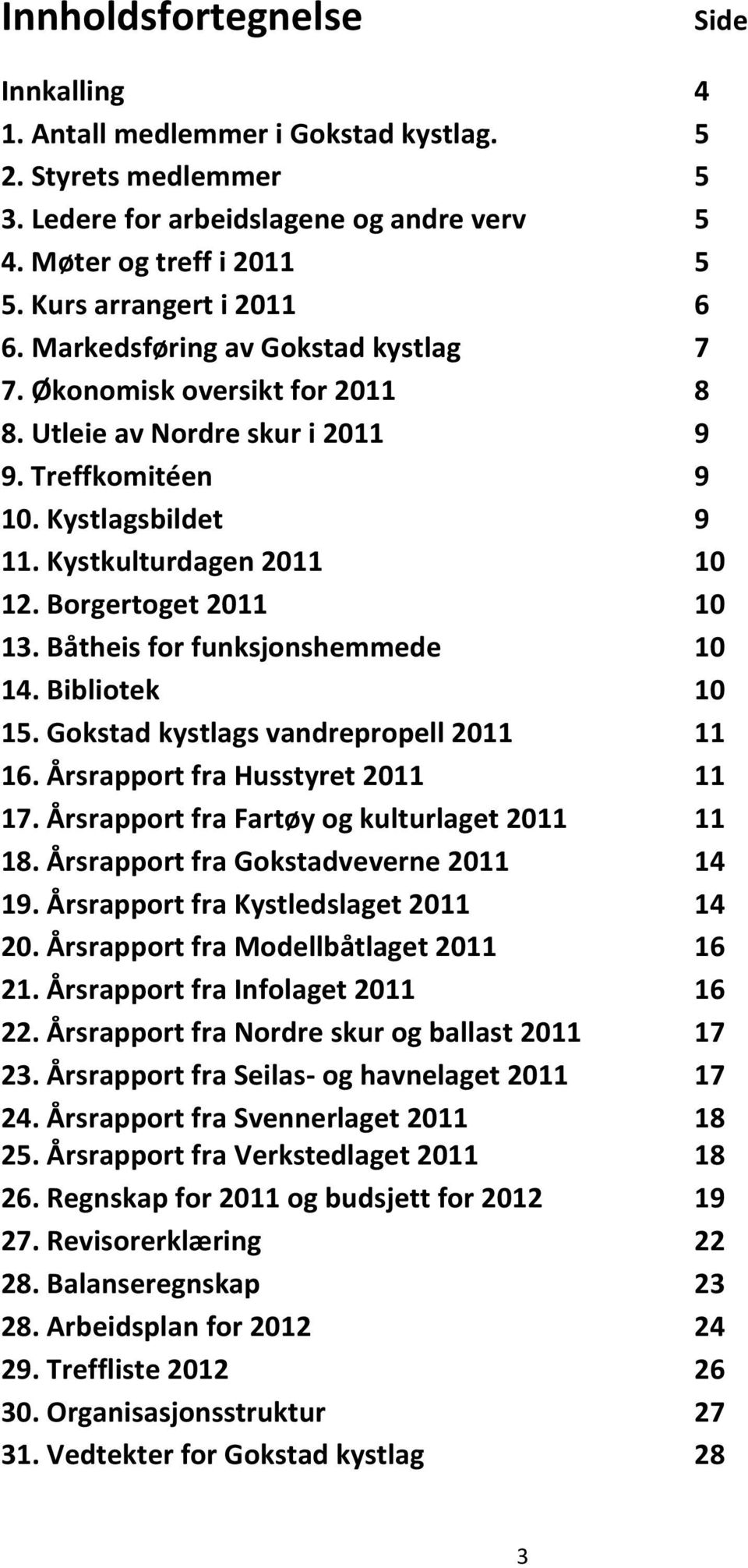 Borgertoget 2011 10 13. Båtheis for funksjonshemmede 10 14. Bibliotek 10 15. Gokstad kystlags vandrepropell 2011 11 16. Årsrapport fra Husstyret 2011 11 17.