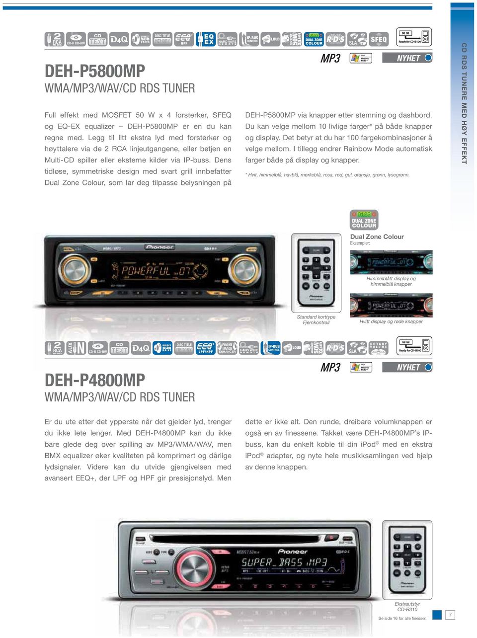 Dens tidløse, symmetriske design med svart grill innbefatter Dual Zone Colour, som lar deg tilpasse belysningen på IP-BUS CONTROL LOUD MOSFET 50W X4 DUAL ZONE COLOUR SLA SFEQ DEH-P5800MP via knapper