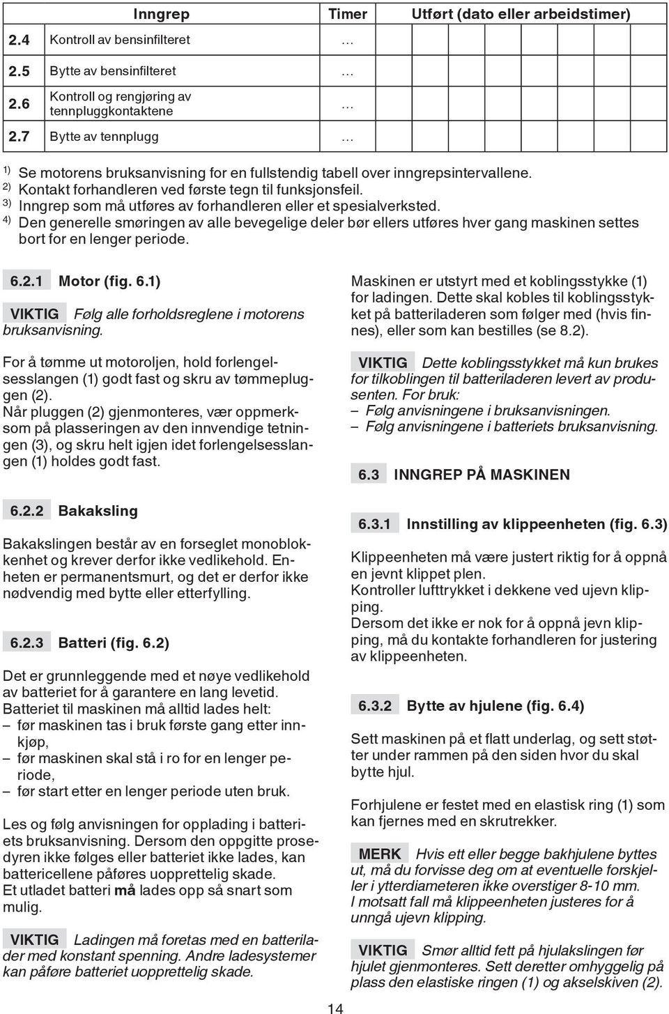 3) Inngrep som må utføres av forhandleren eller et spesialverksted. 4) Den generelle smøringen av alle bevegelige deler bør ellers utføres hver gang maskinen settes bort for en lenger periode. 6.2.