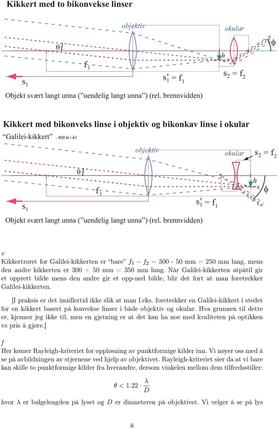 brennvidden) s = f h φ e Kikkertrøret for Galilei-kikkerten er bare f f 2 = 300-50 mm = 250 mm lang, mens den andre kikkerten er 300 + 50 mm = 350 mm lang.