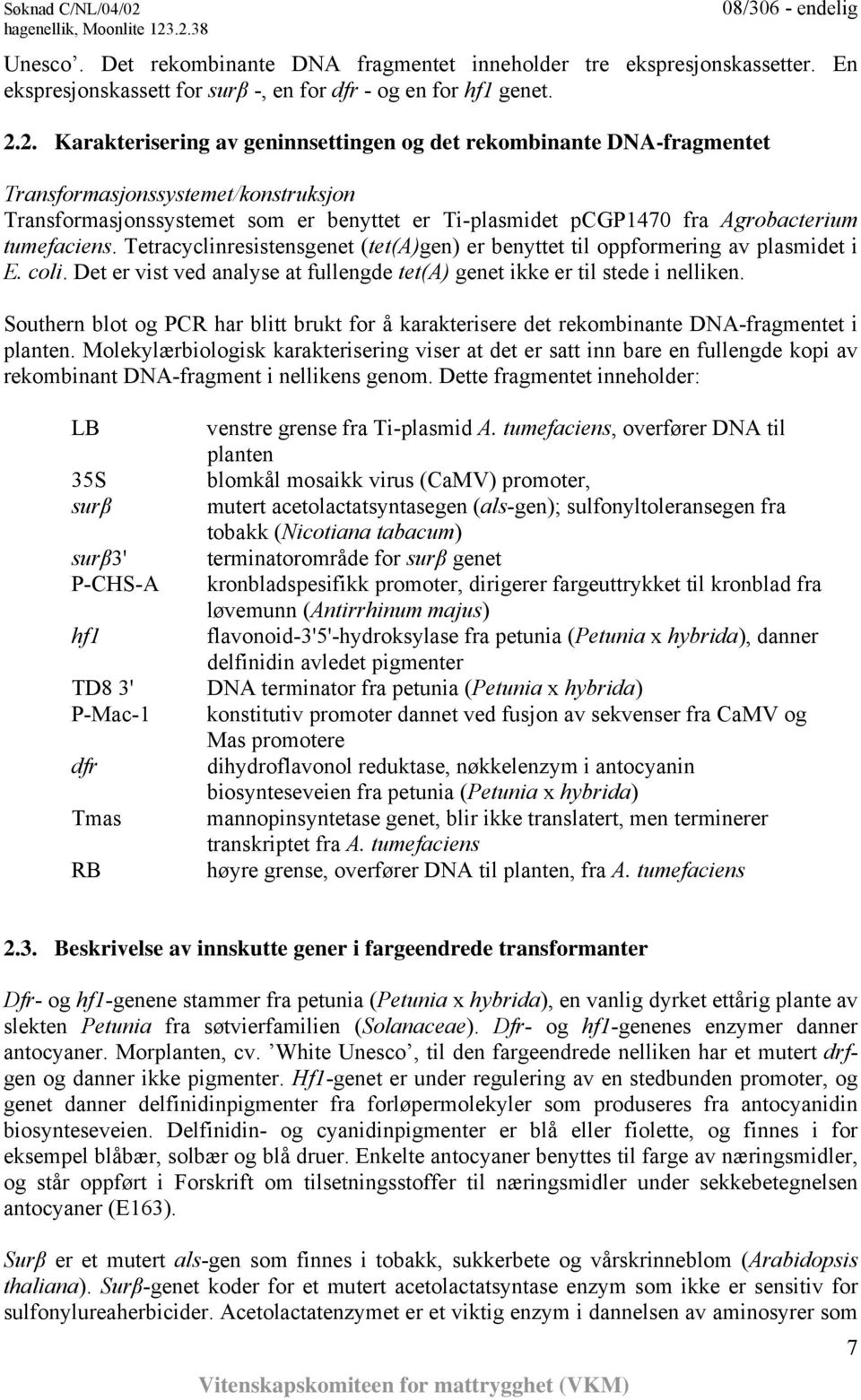 tumefaciens. Tetracyclinresistensgenet (tet(a)gen) er benyttet til oppformering av plasmidet i E. coli. Det er vist ved analyse at fullengde tet(a) genet ikke er til stede i nelliken.