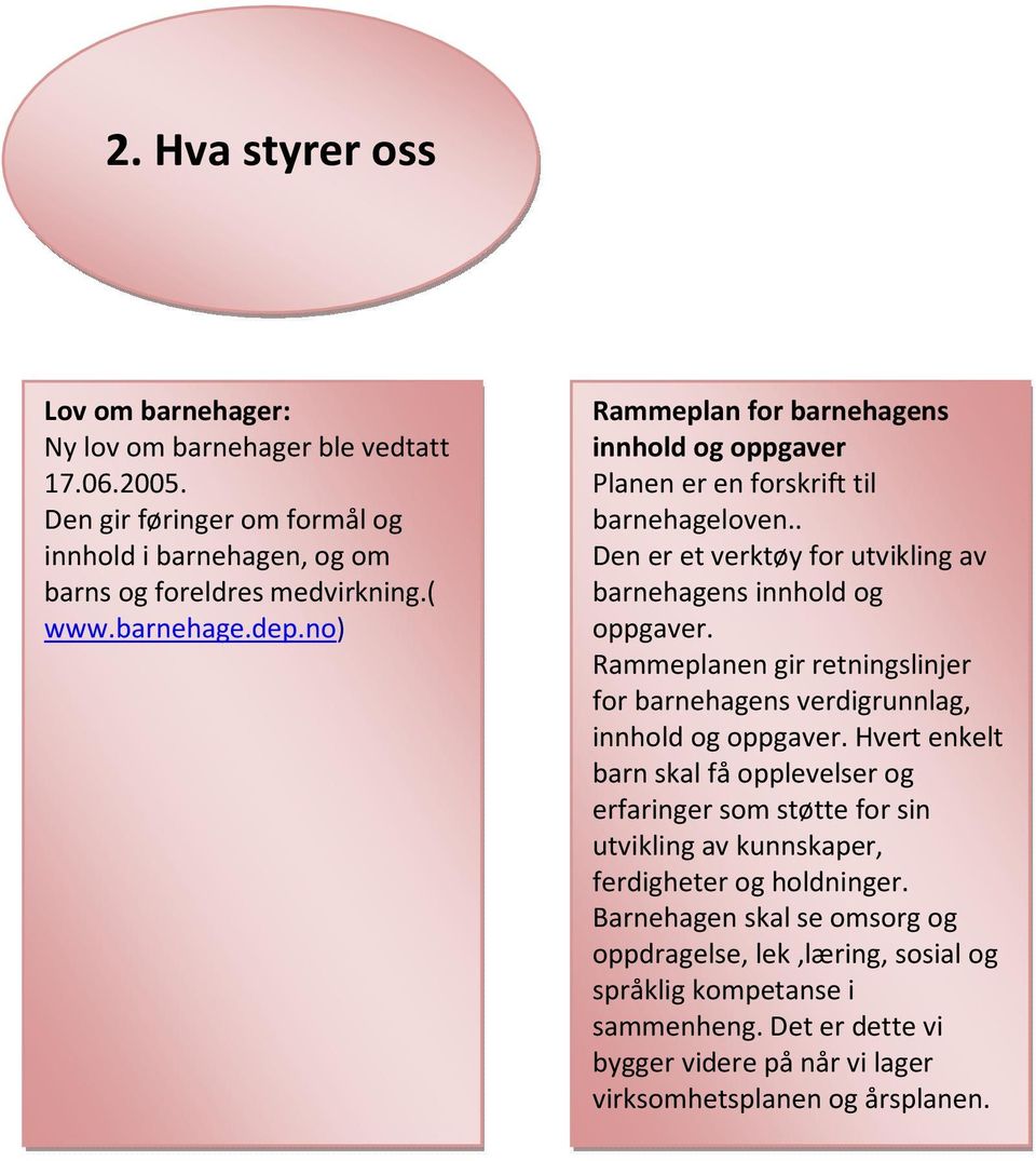 Rammeplanen gir retningslinjer for barnehagens verdigrunnlag, innhold og oppgaver.