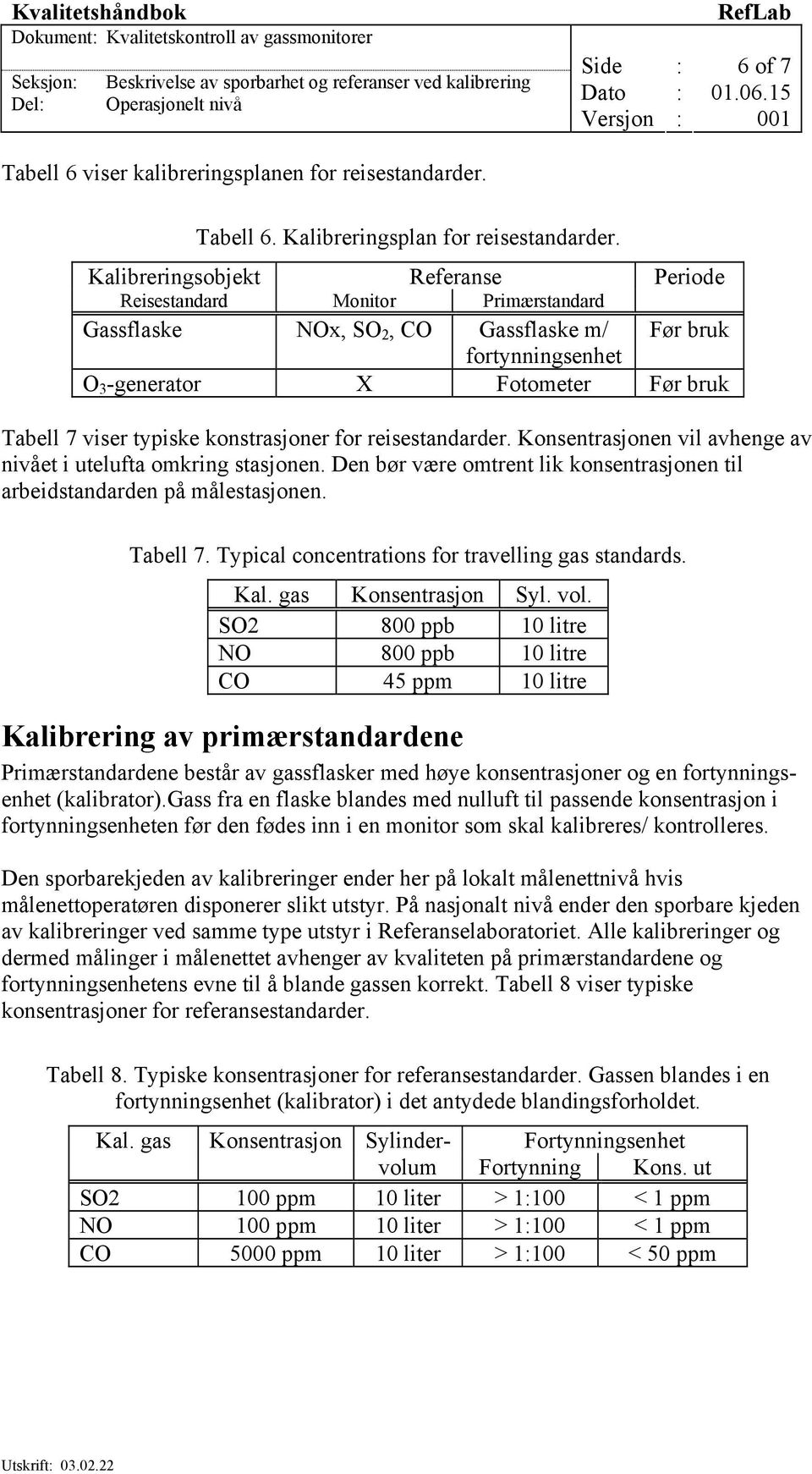 Kalibreringsobjekt Referanse Periode Reisestandard Monitor Primærstandard Gassflaske NOx, SO 2, CO Gassflaske m/ Før bruk fortynningsenhet O 3 -generator X Fotometer Før bruk Tabell 7 viser typiske