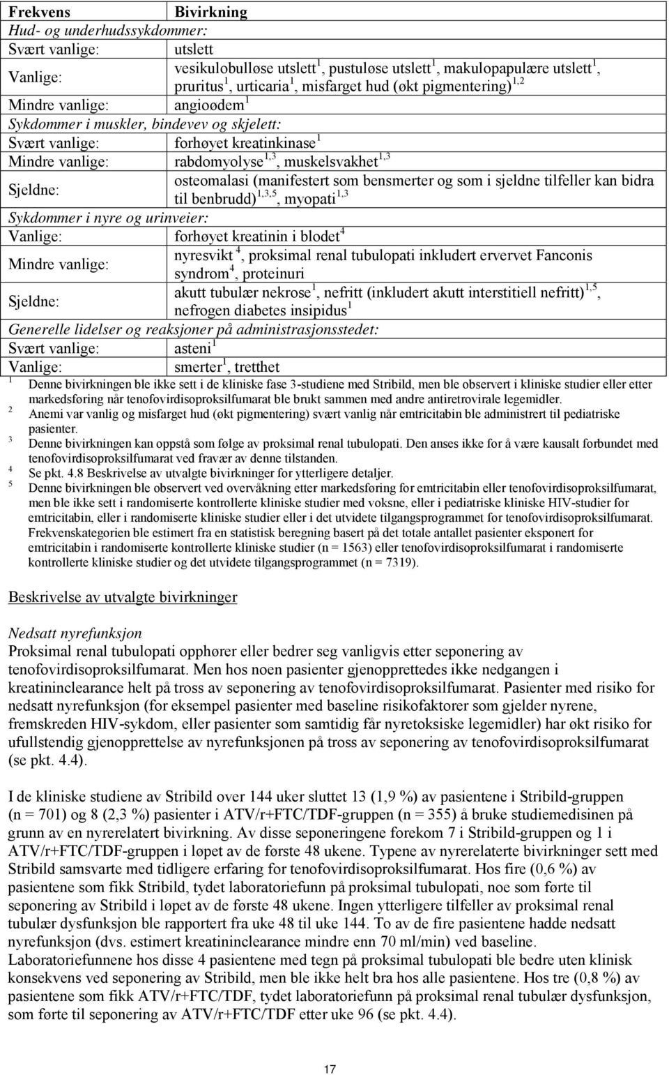 osteomalasi (manifestert som bensmerter og som i sjeldne tilfeller kan bidra til benbrudd) 1,3,5, myopati 1,3 Sykdommer i nyre og urinveier: Vanlige: forhøyet kreatinin i blodet 4 Mindre vanlige: